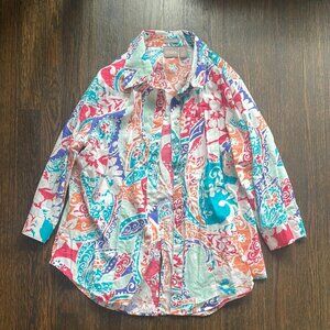 Chicos Colorful Paisley Print Button Down Shirt Size 1 Wrinkle Resistant